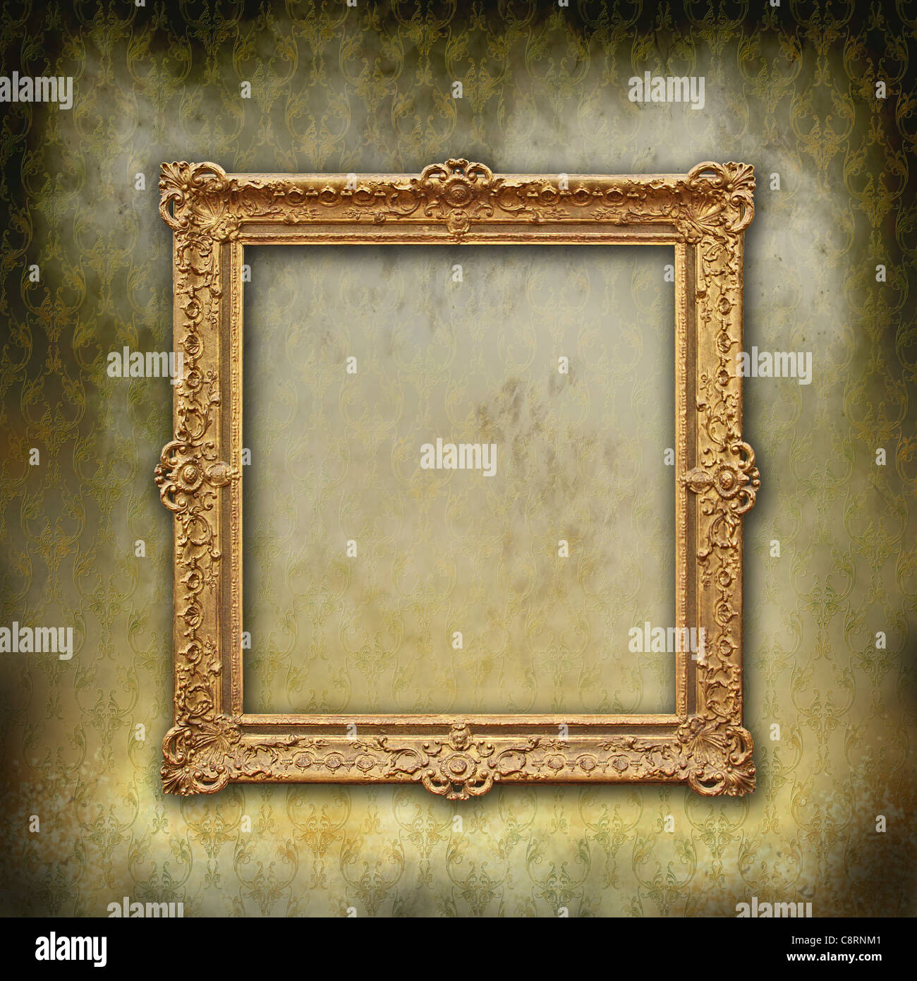 Vintage mockup, golden rococo antique frame on a grunge floral ...