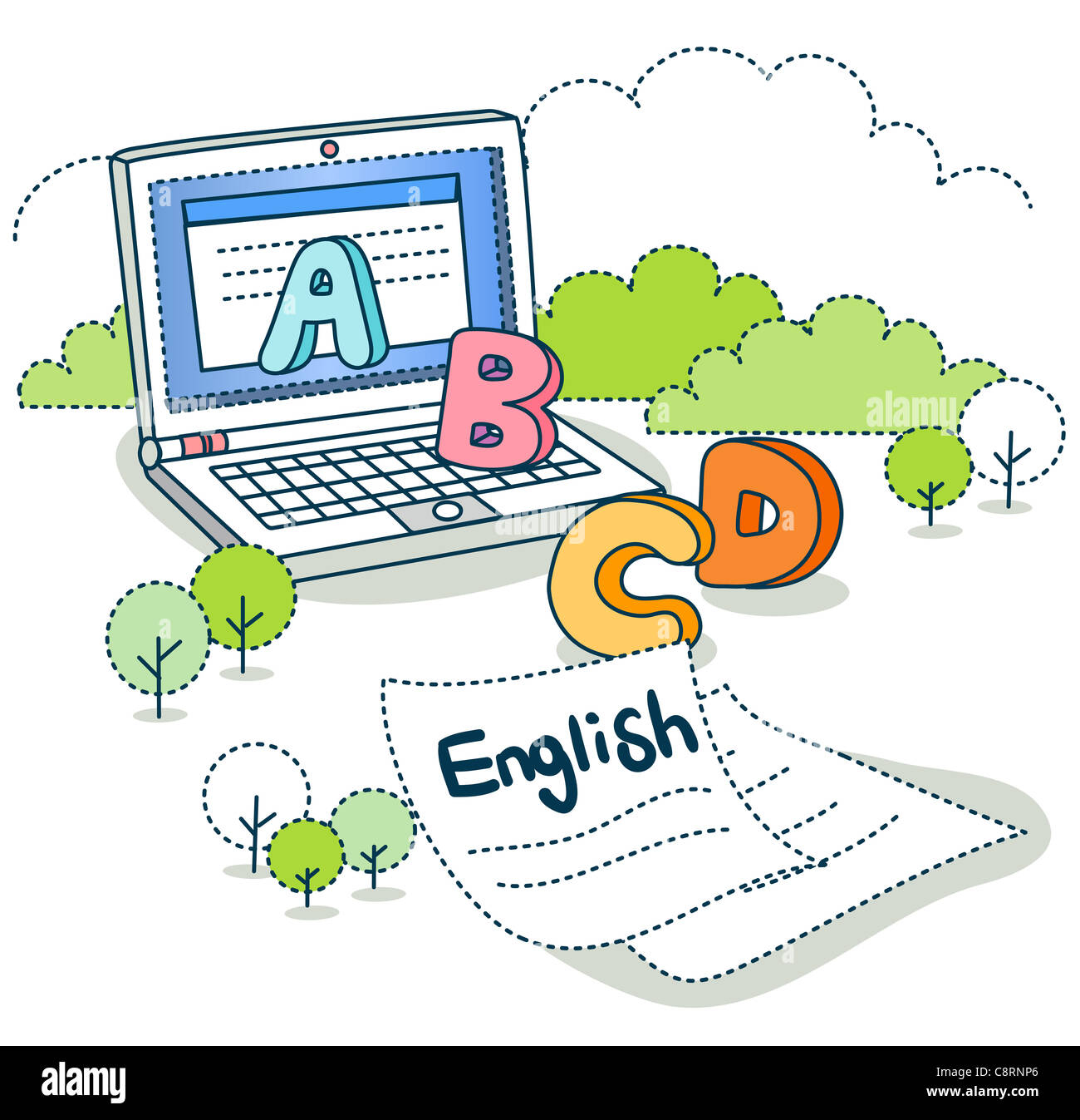 Education on laptop with alphabet words on paper Stock Photo