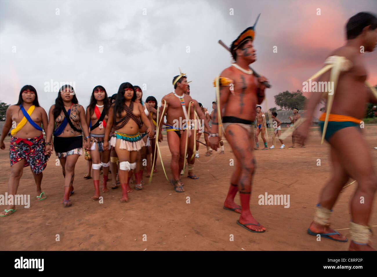 traditional dance by Xingu indians in the Amazone, Brazil Stock Photo
