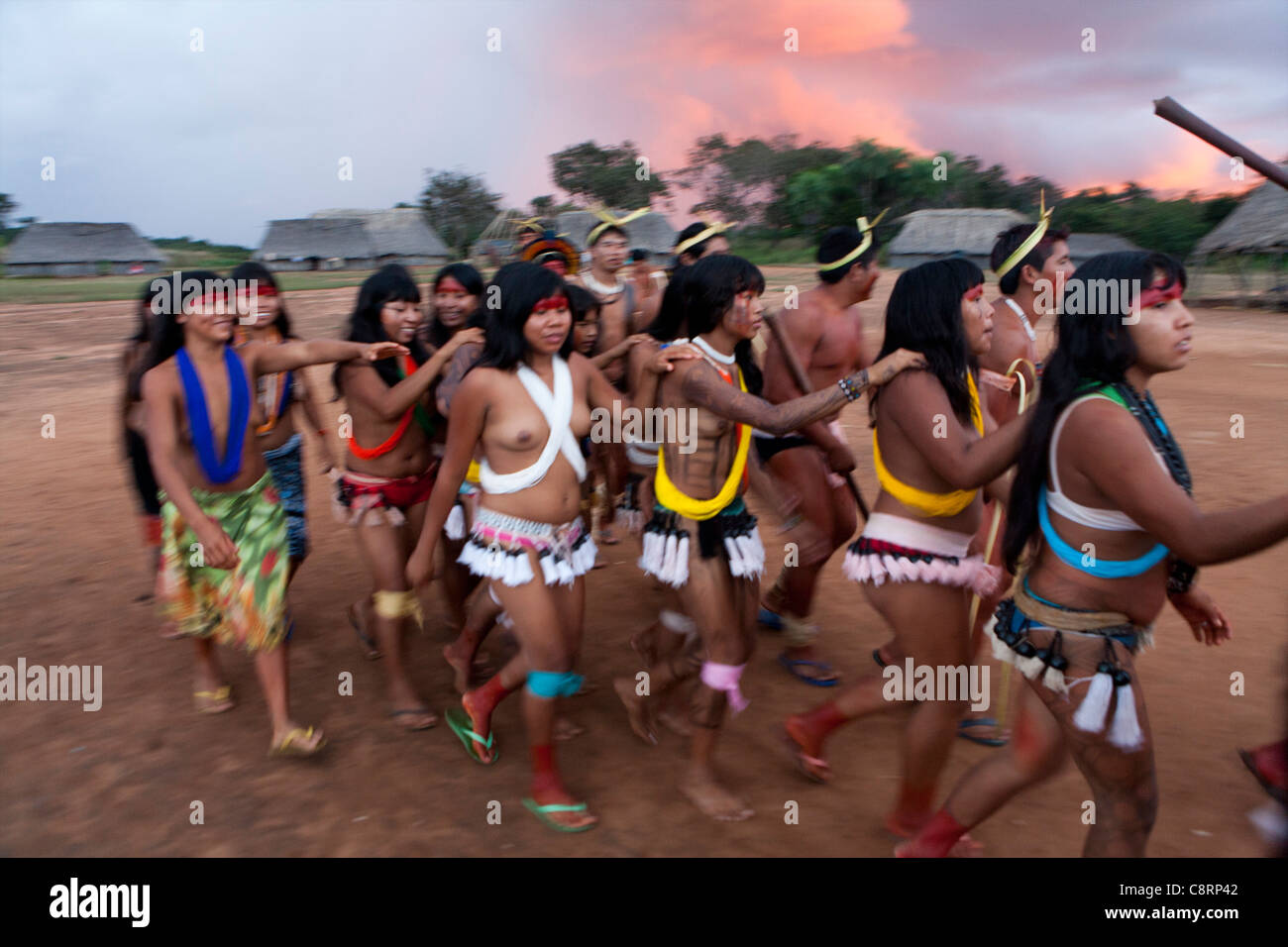 traditional dance by Xingu indians in the Amazone, Brazil Stock Photo