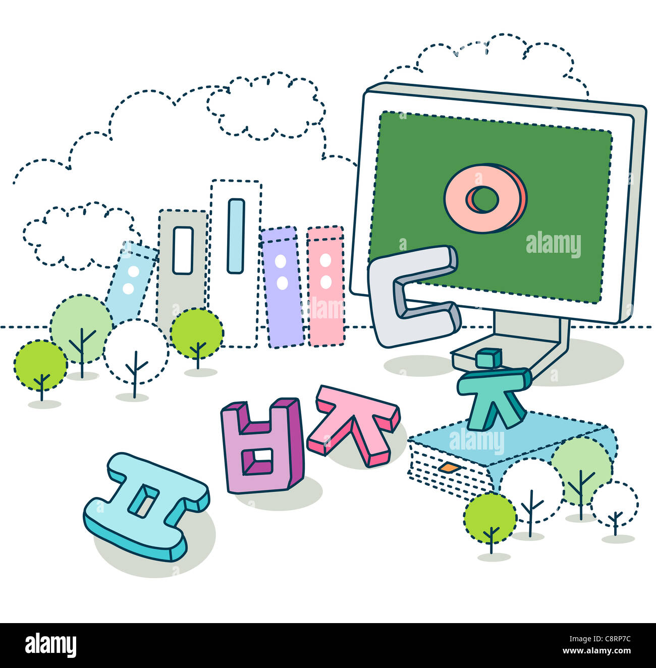 Alphabets on computer with book Stock Photo - Alamy