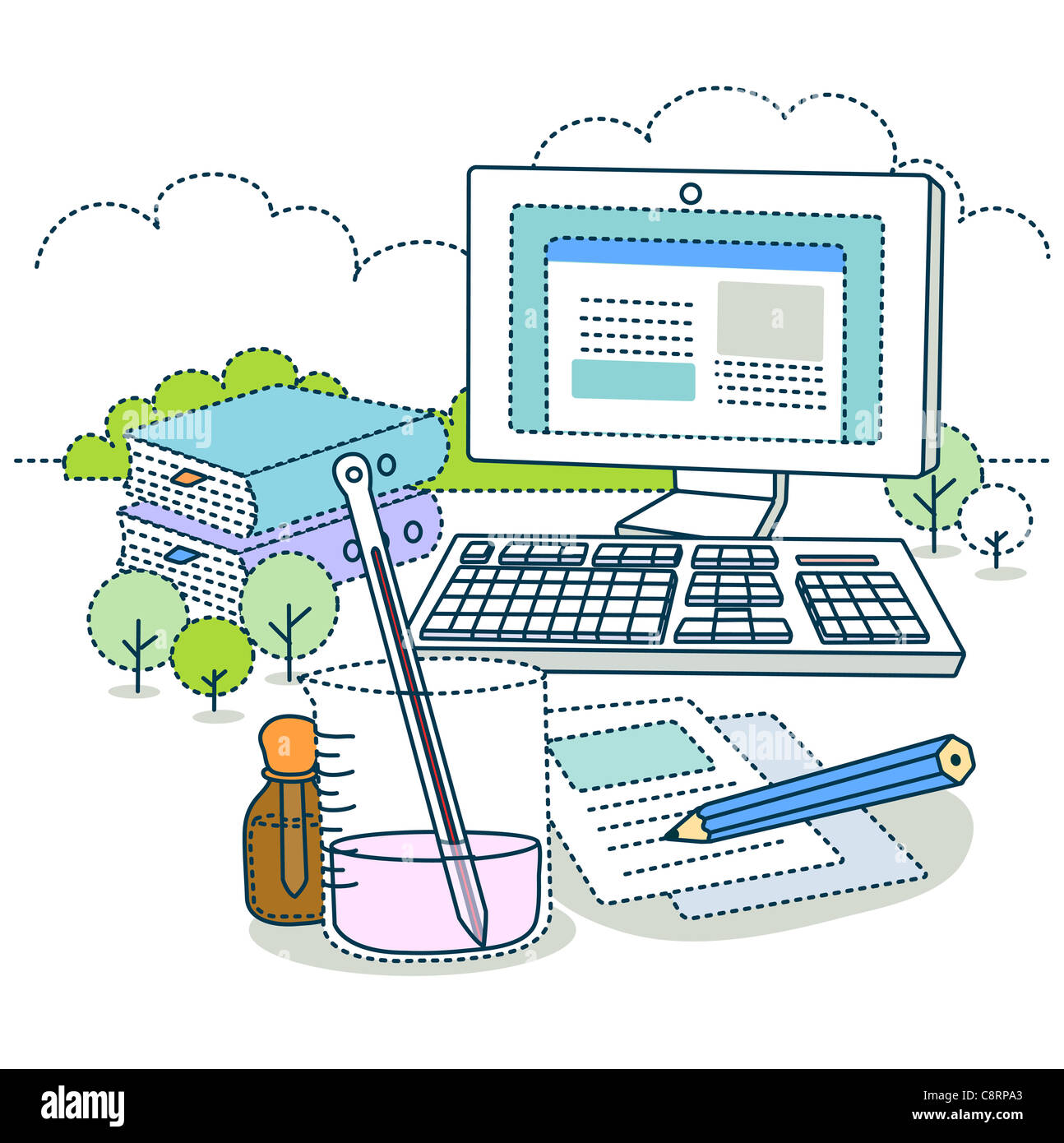 Illustration of computer and scientific experiment Stock Photo
