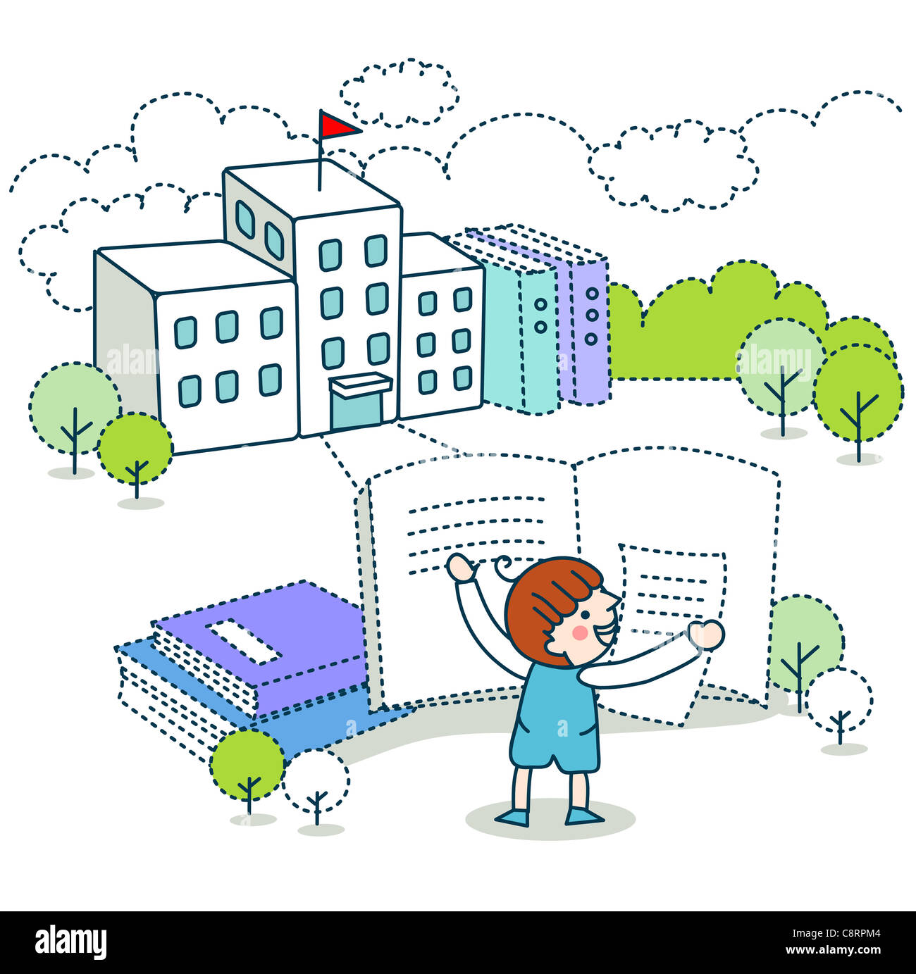 Illustration of girl holding book in front of education building Stock Photo