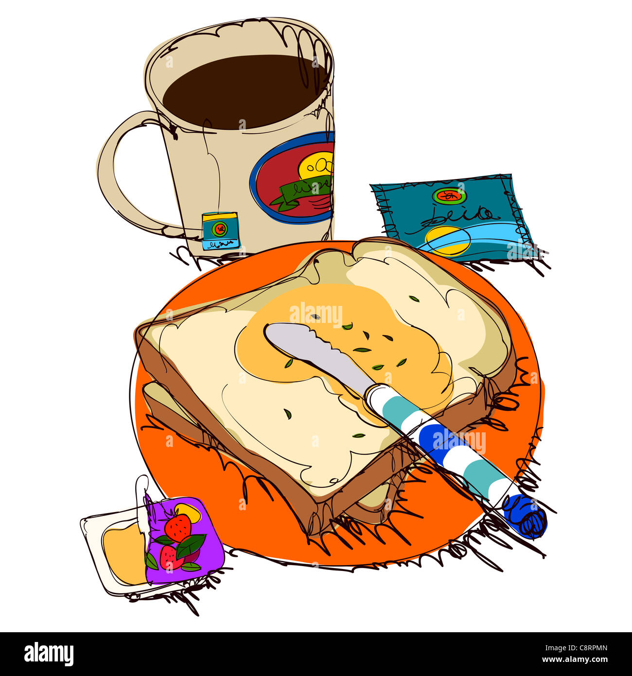 Bread And Butter And Coffee Mug On White Background Stock Photo Alamy