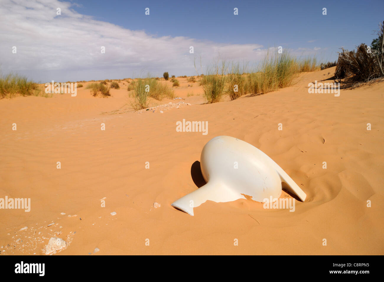 Africa, Tunisia, nr. Douz. Remains of a toilet bowl in the dunes south of Douz. Stock Photo