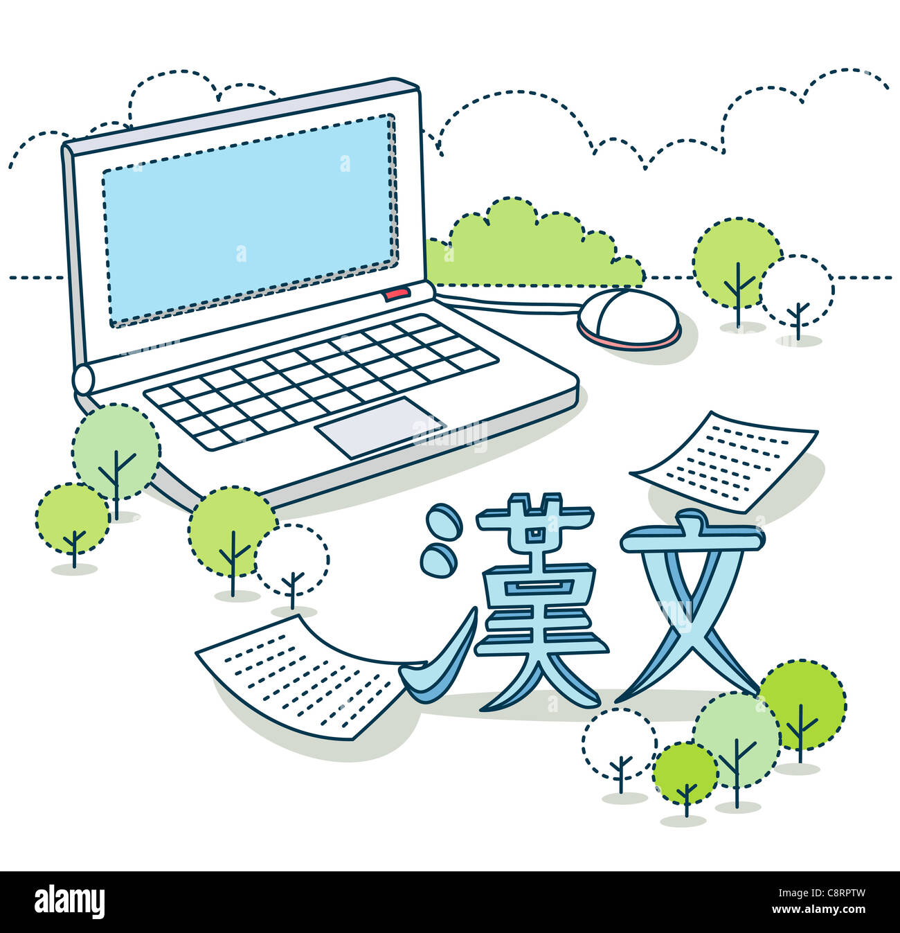 Illustration on laptop and non-western script Stock Photo