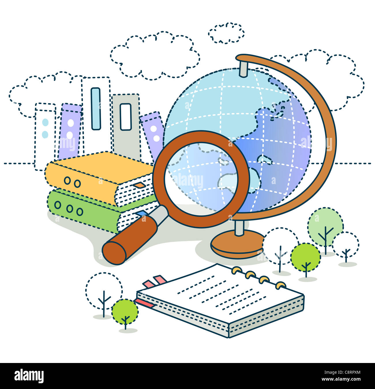 Illustration on magnifying glass and globe Stock Photo