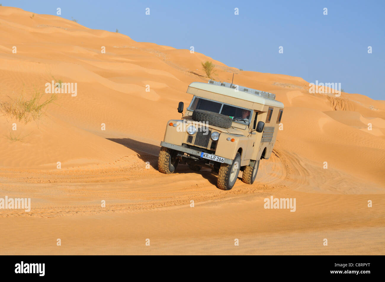 Africa, Tunisia, nr. Tembaine. Desert traveller driving an ex-army 1966 Land Rover Series 2a Ambulance through a sandfield ... Stock Photo
