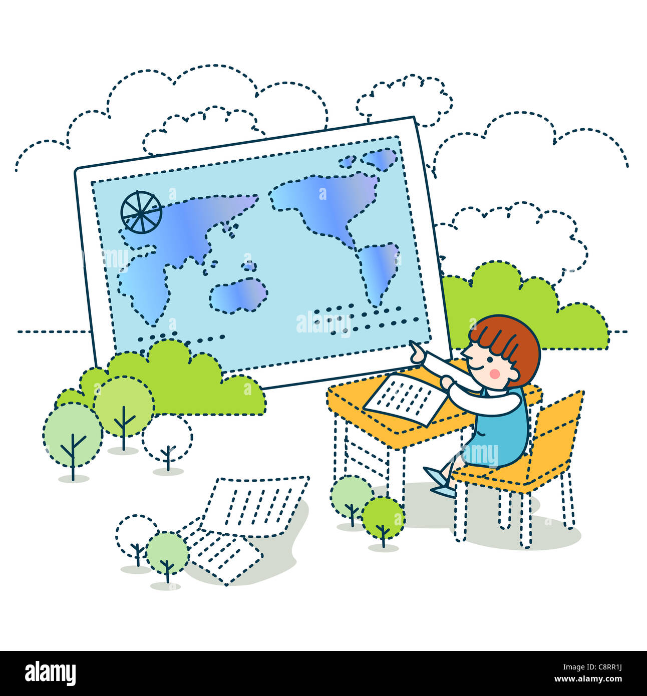 Illustration of schoolgirl pointing at map Stock Photo
