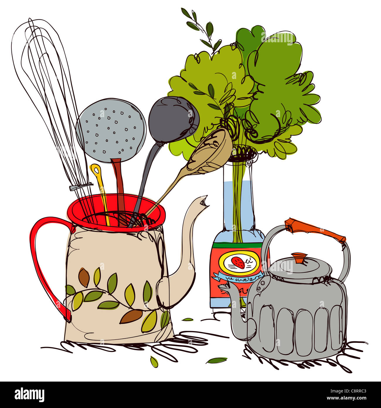 Jug With Kitchen Utensil And Kettle Stock Photo Alamy