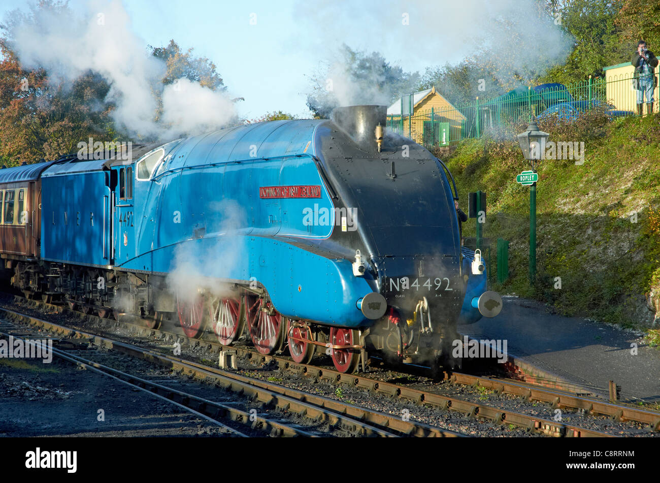 Mid-Hants Railway Autumn Gala 28/10/11. A4 class streamlined engine 4492  'Dominion of New Zealand' with Pullman train at Ropley Stock Photo