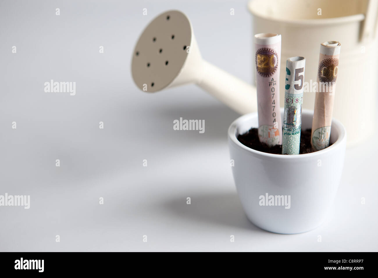 A plant pot holding money notes beside a watering can, to give a