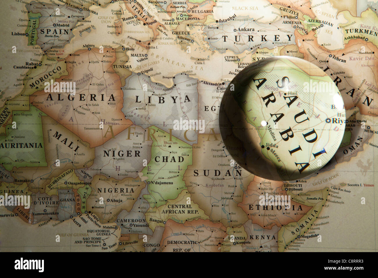 Close-up of African continent on world map with crystal ball Stock Photo