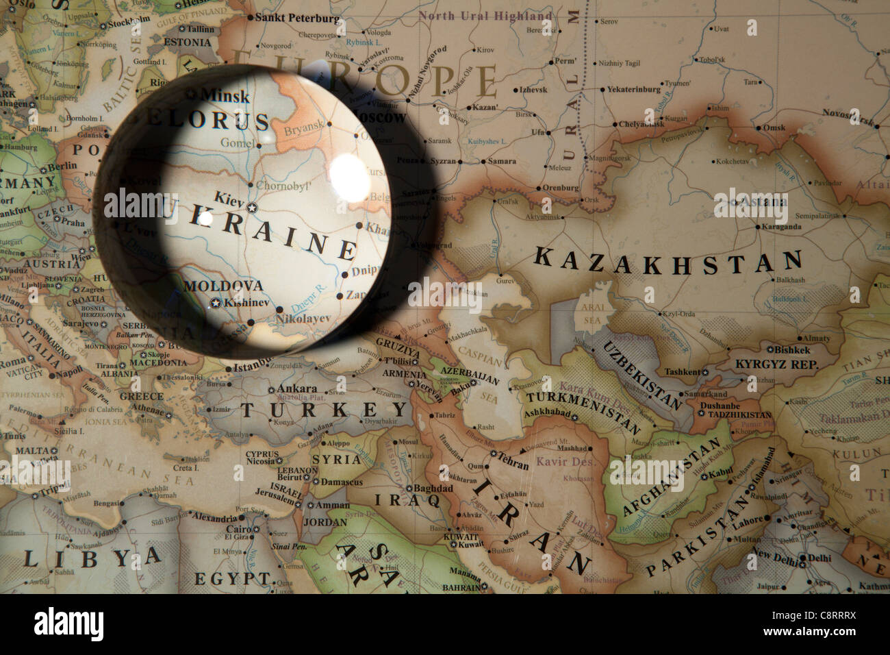 Close-up of world map with crystal ball Stock Photo