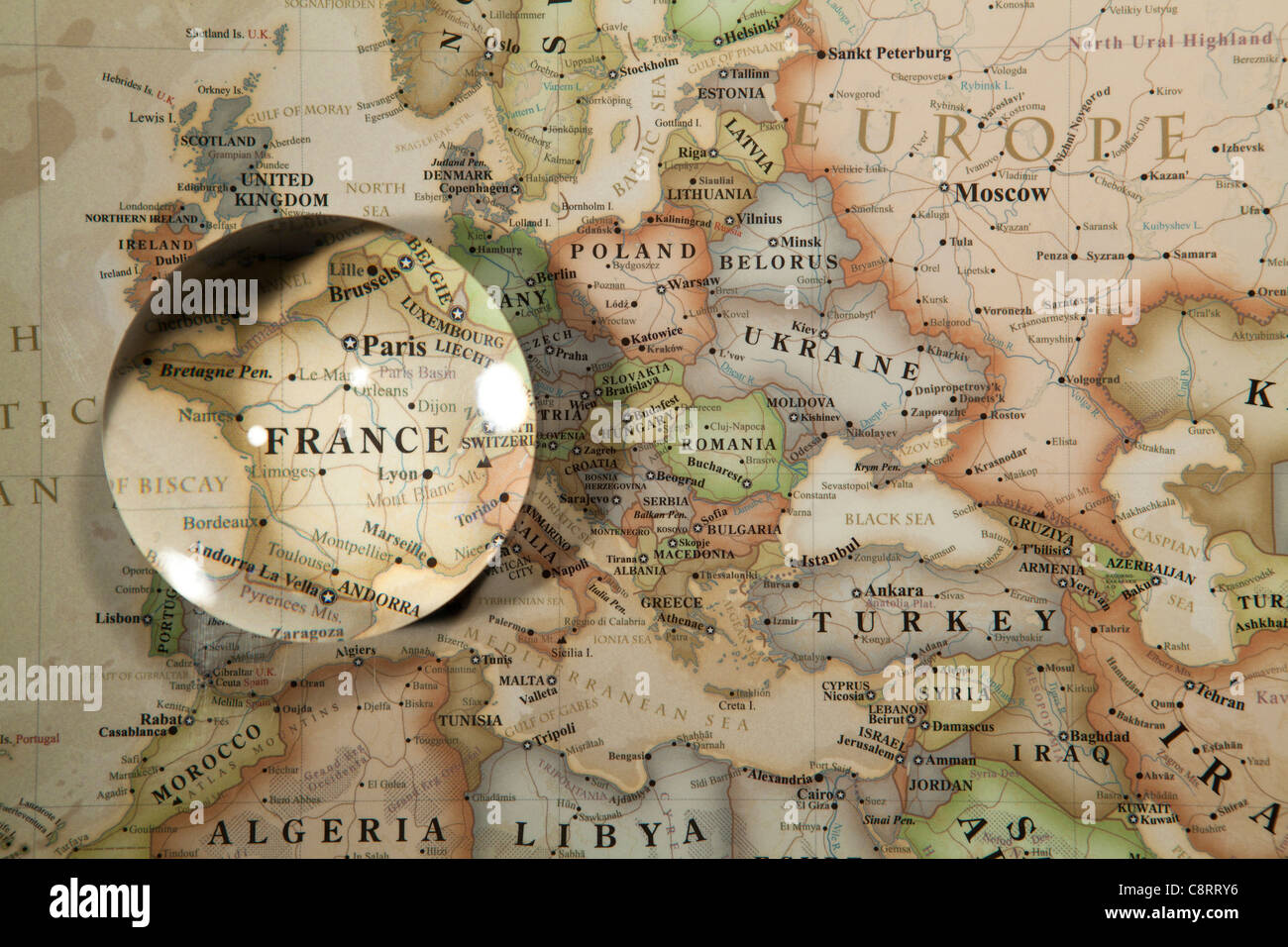 Close-up of world map with crystal ball Stock Photo
