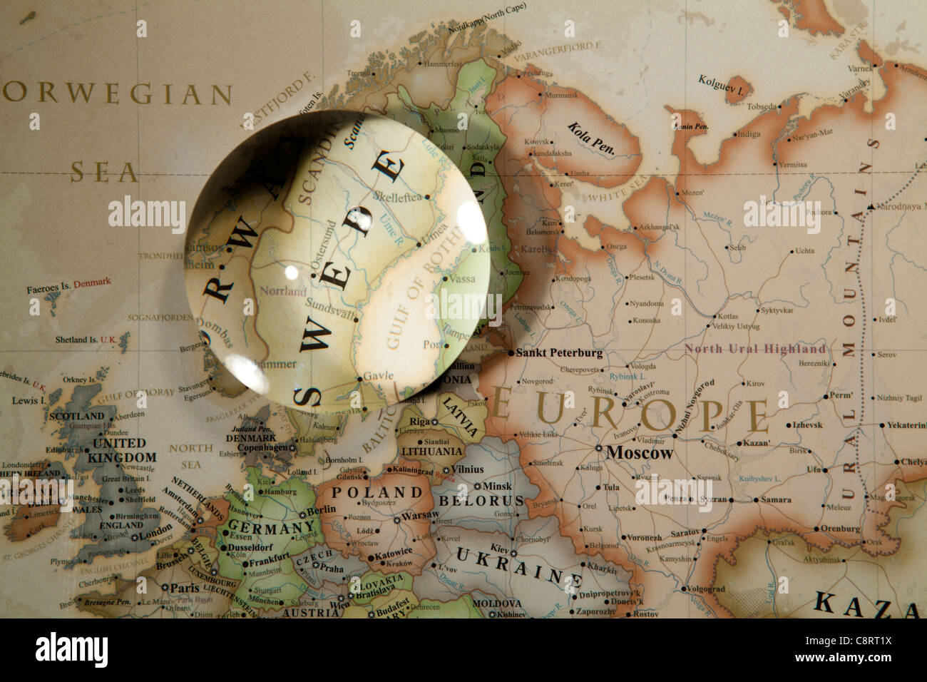 Close-up of European continent world map with crystal ball Stock Photo