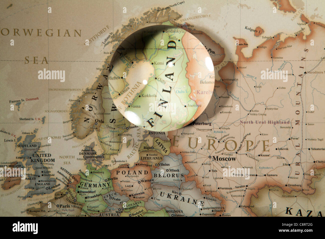 Close-up of European continent world map with crystal ball Stock Photo