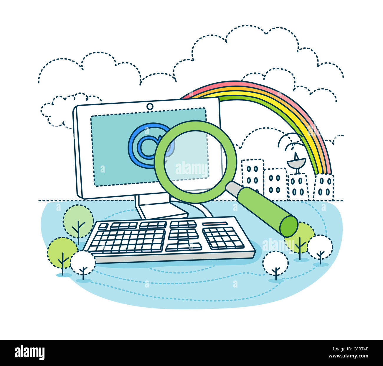 Illustration of magnifier on desktop computer with rainbow in background Stock Photo Alamy