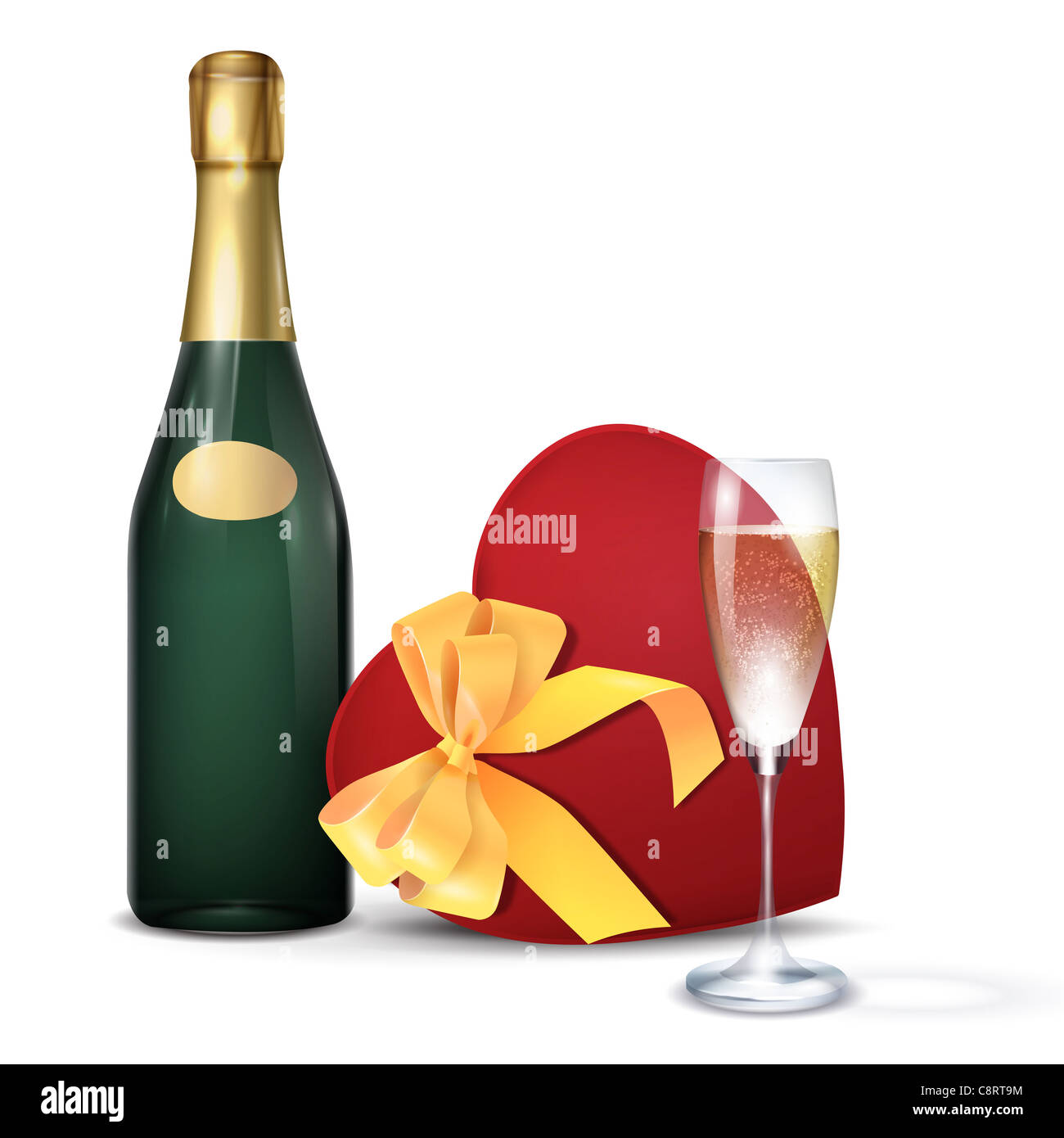 Champagne Bottle, Champagne Flute And Heart Shape Gift Box Stock Photo