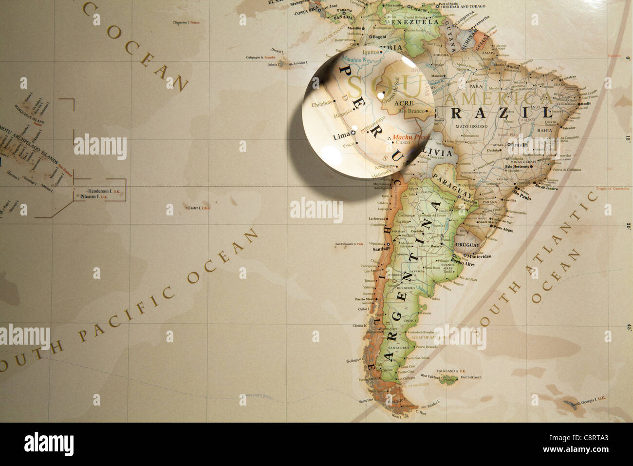 Close-up of South American continent world map with crystal ball Stock Photo