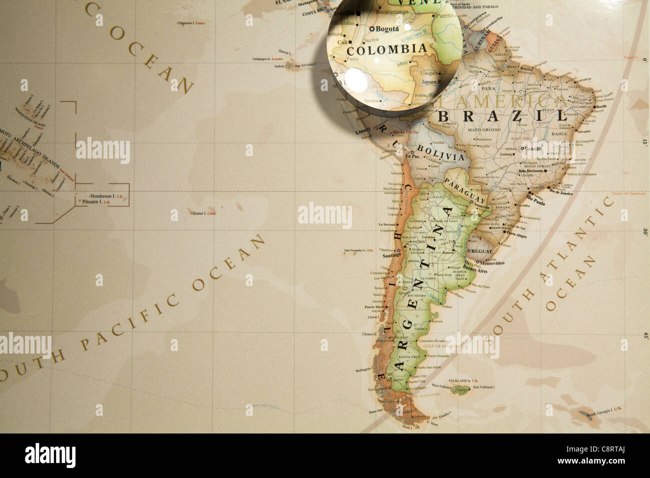 Close-up of South American continent world map with crystal ball Stock Photo