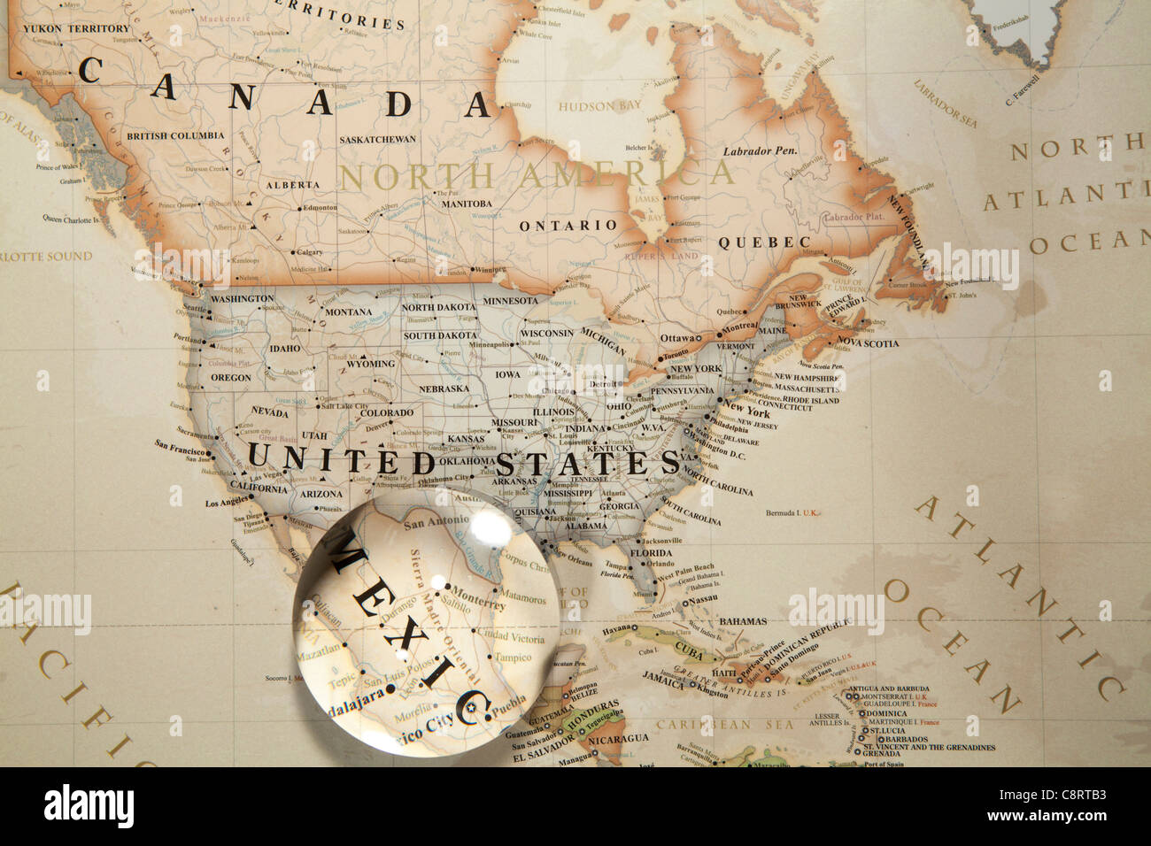Close-up of North American continent world map with crystal ball Stock Photo