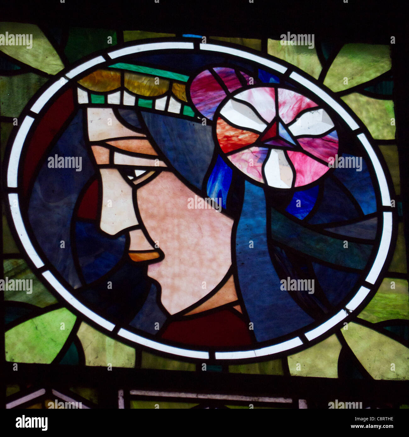 Detail of Art Nouveau stained glass panel on Municipal House or Obecni Dum in Prague in Czech Republic Stock Photo