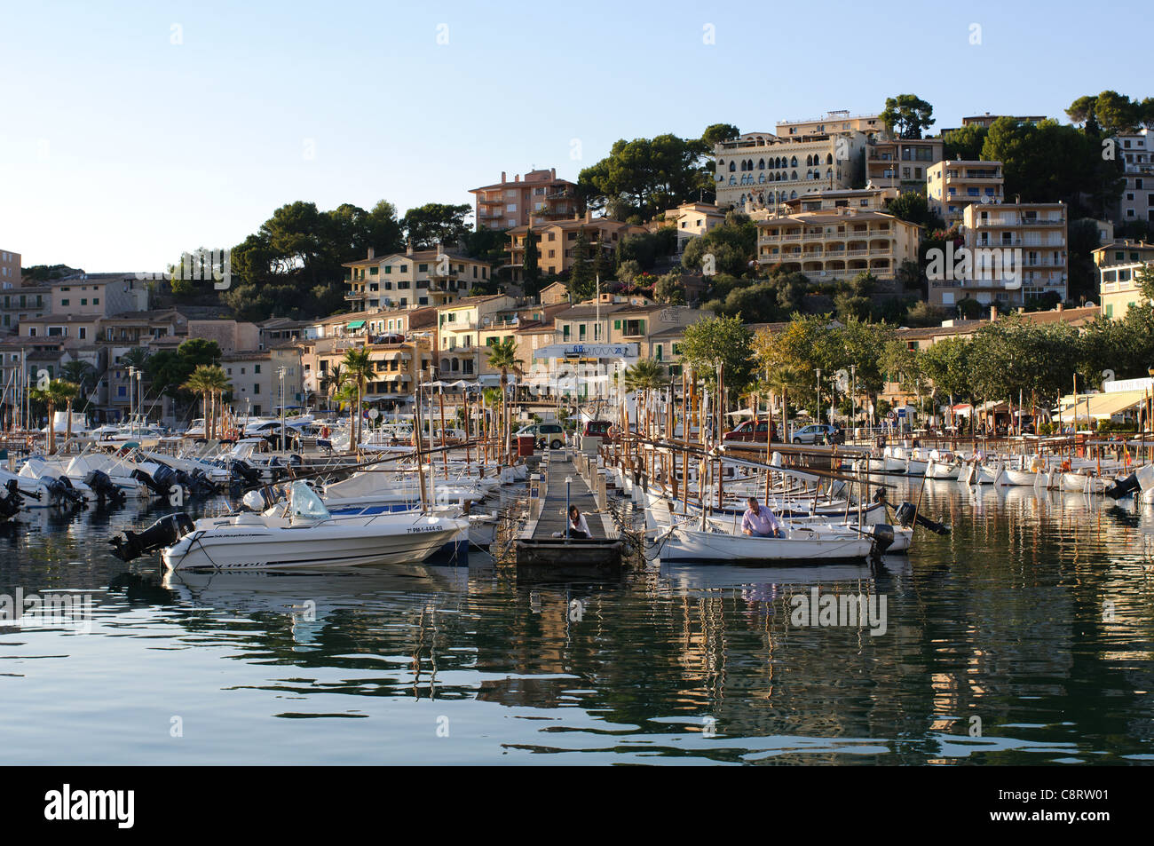 Fishing boats moored in the harbour at Puerto Soller in the West of the Island of Mallorca/ Majorca Stock Photo