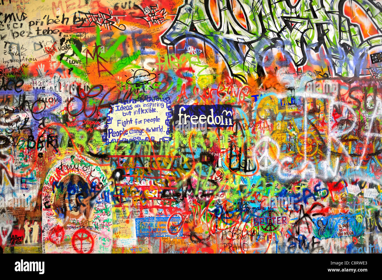 Prague, Czech Republic. Mala strana. John Lennon Wall in Velkoprevorske namesti (square) Stock Photo