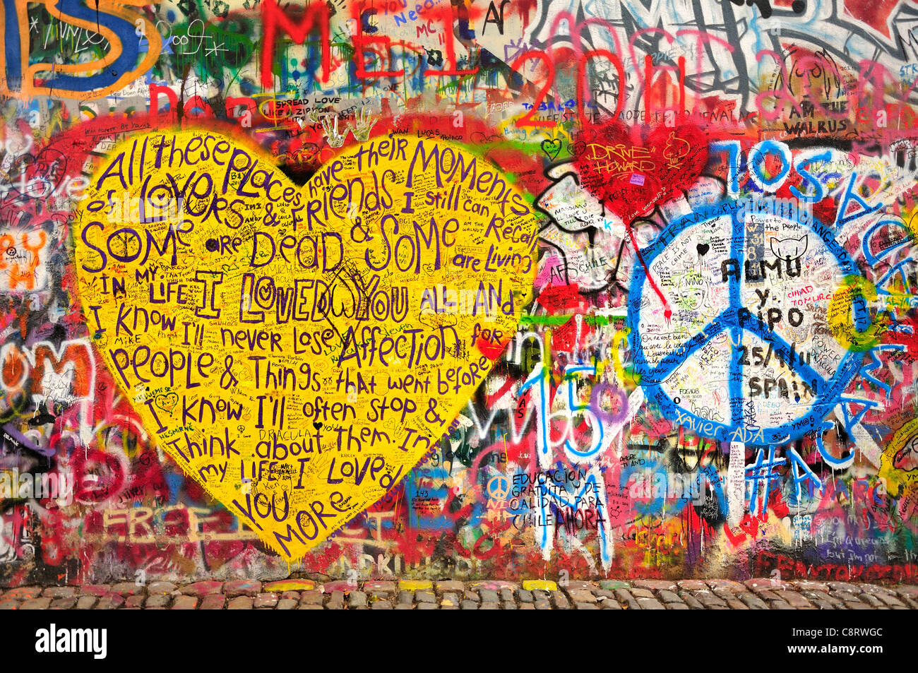 Prague, Czech Republic. Mala strana. John Lennon Wall in Velkoprevorske namesti (square) Lyrics of the song 'In My Life' Stock Photo
