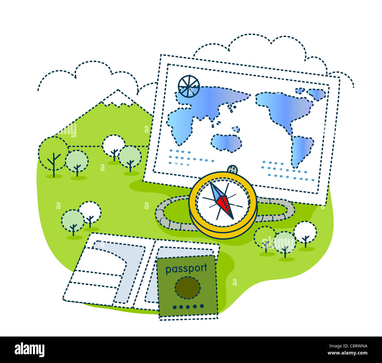 World map with passport and compass against mountain Stock Photo - Alamy