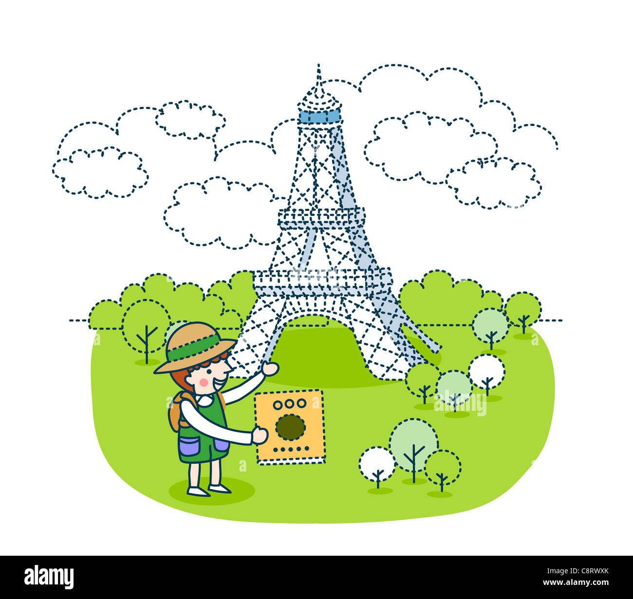 Illustration of tourist showing Eiffel Tower Stock Photo