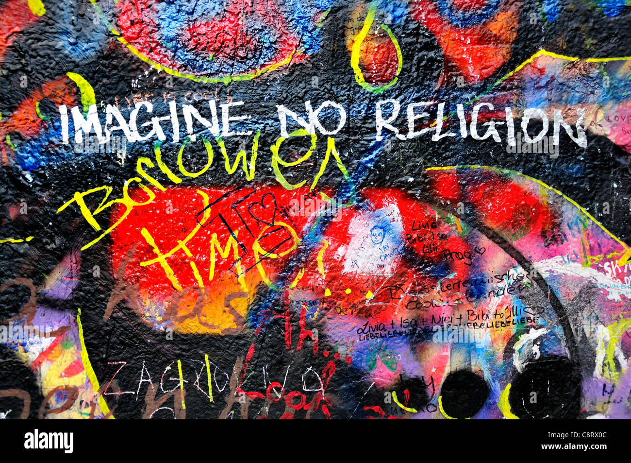 Prague, Czech Republic. Mala strana. John Lennon Wall in Velkoprevorske namesti (square) 'Imagine no religion' Stock Photo