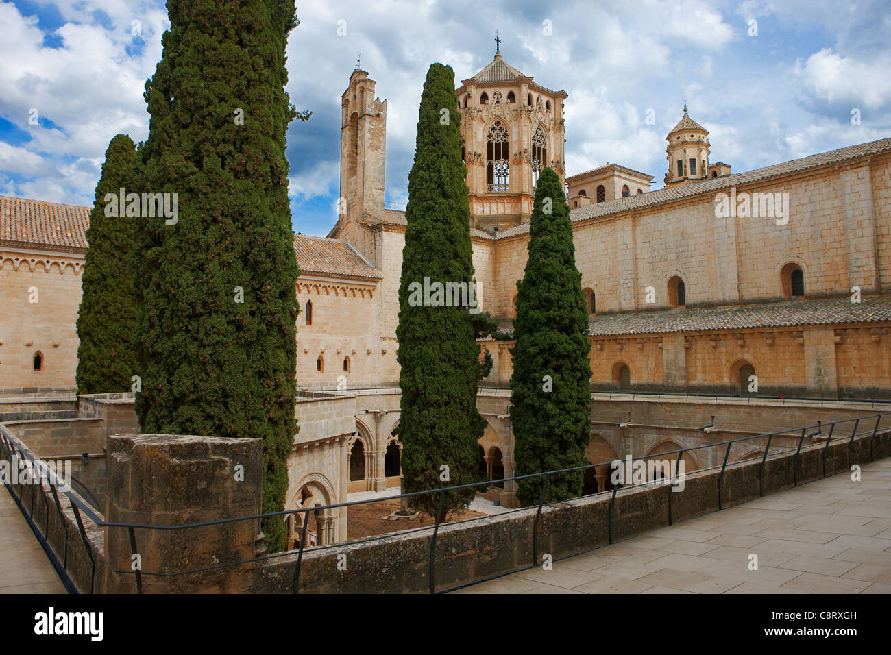 View of the Royal Abbey of Santa Maria de Poblet. Vimbodi i Poblet, Catalonia, Spain. Stock Photo