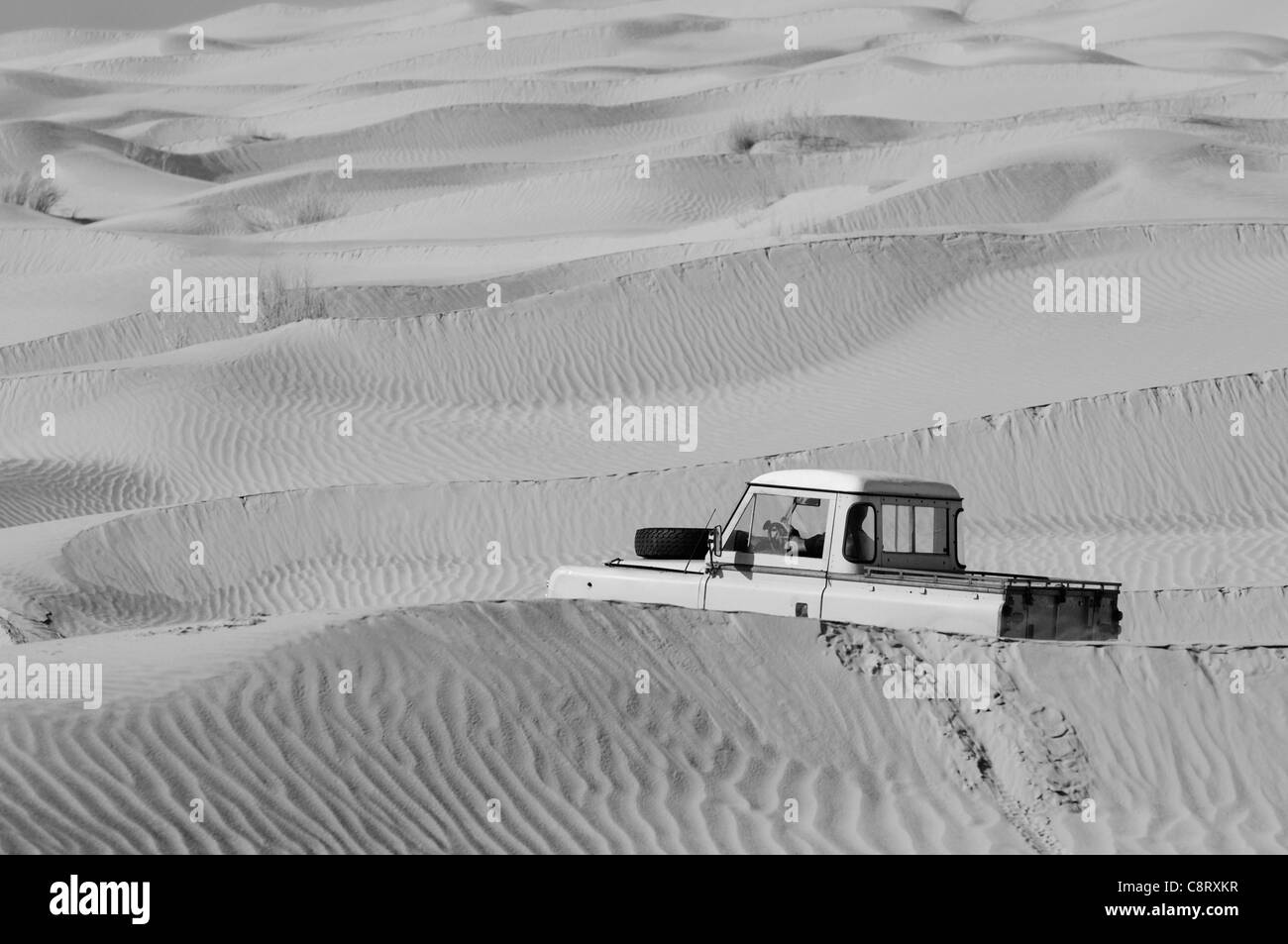 Africa, Tunisia, nr. Tembaine. Desert traveller driving a 1964 Land Rover Series 2a Truck Cab through a sandfield close to ... Stock Photo