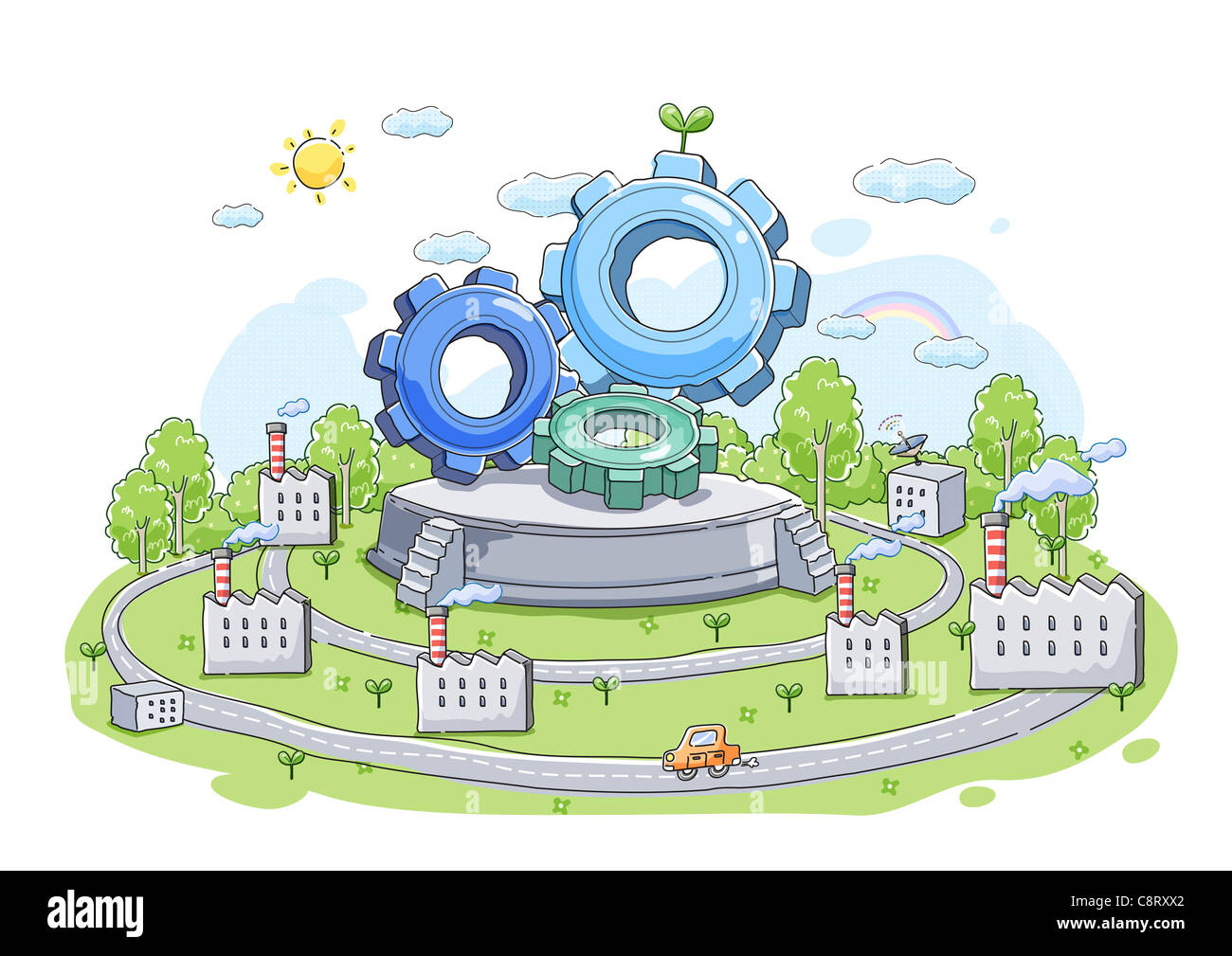 Illustration of gears with factory and cars in background Stock Photo