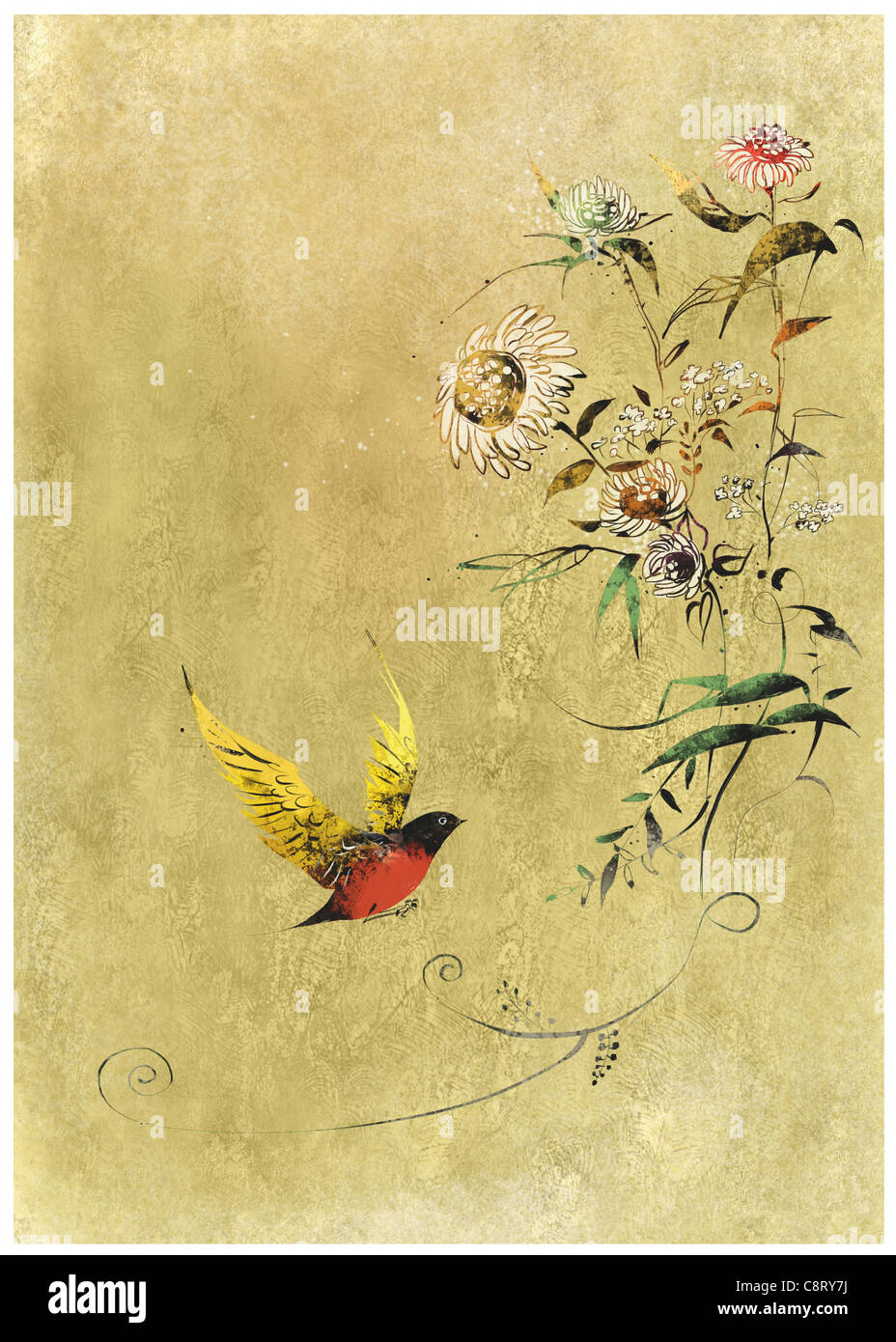 Bird On Flowering Tree Stock Photo - Alamy