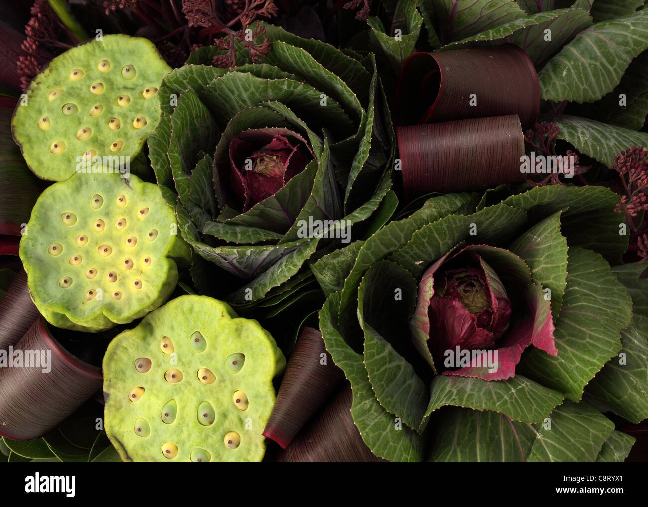 A closeup of a colorful bouquet of flowers. Ornamental cabbage, water