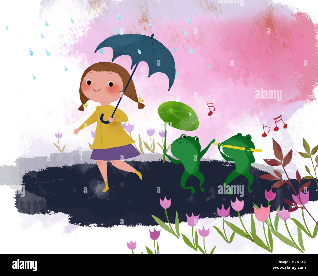 Girl Holding Umbrella Walking With Froggies On Rainy Day Stock Photo