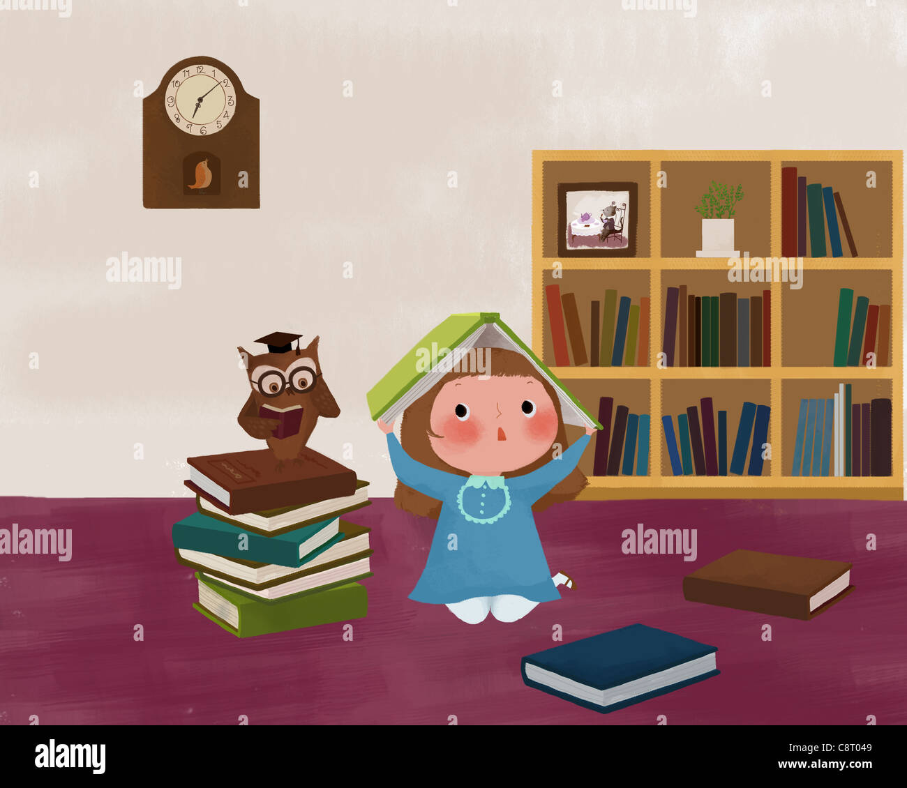 Girl Holding Book Over Head And Owl Sitting On Book Stock Photo - Alamy