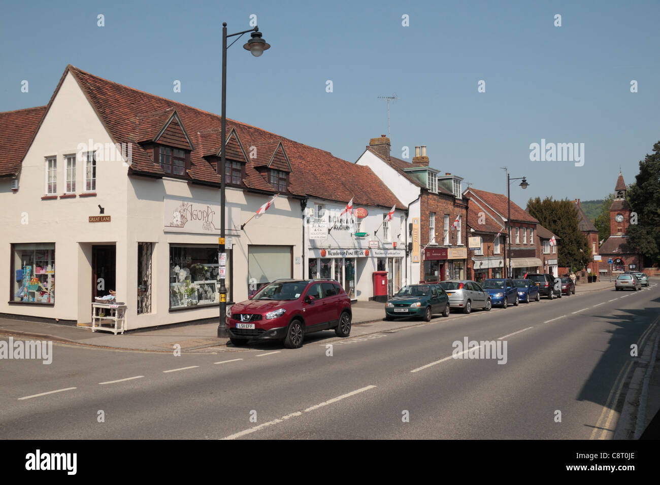 General view of the small shops on High Street in Wendover town centre