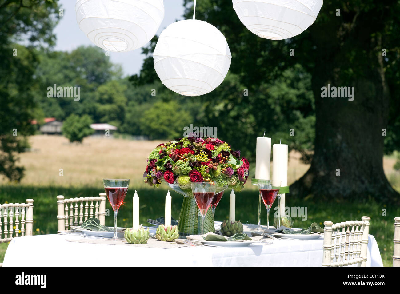 outdoor picnic with exotic table centrepiece Stock Photo