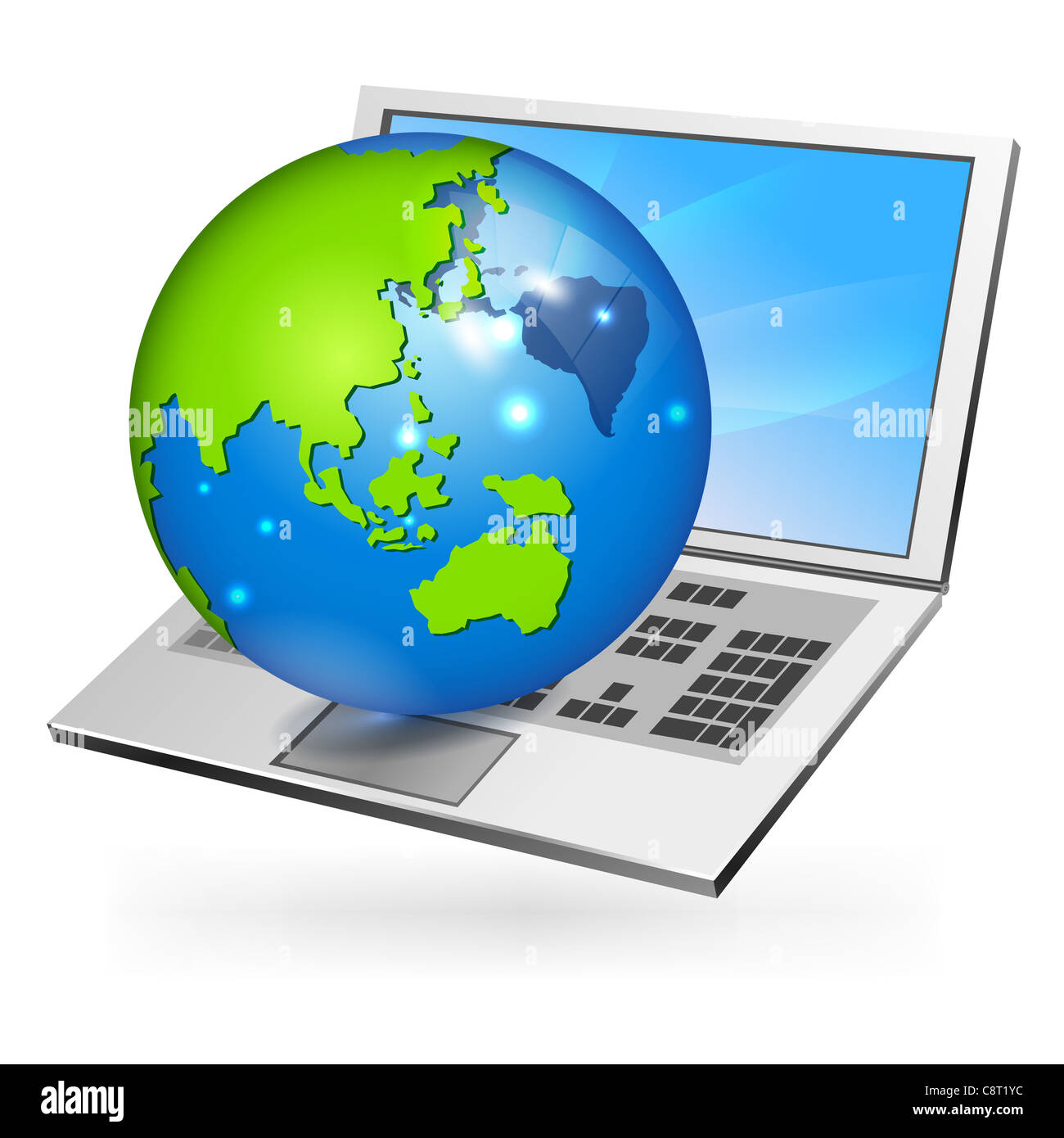 Illustration of globe with laptop Stock Photo - Alamy