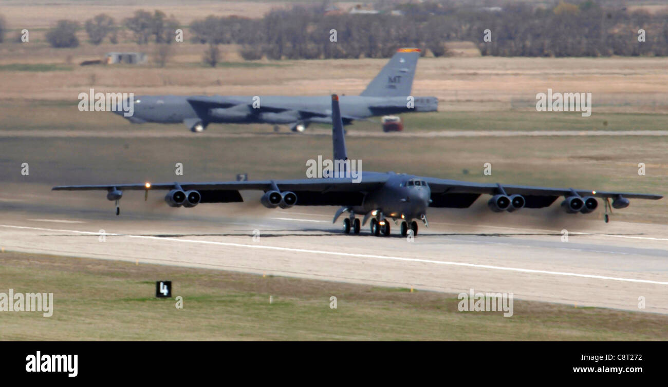 A B-52 Stratofortress taxis for take-off at Minot Air Force Base, N.D Stock Photo