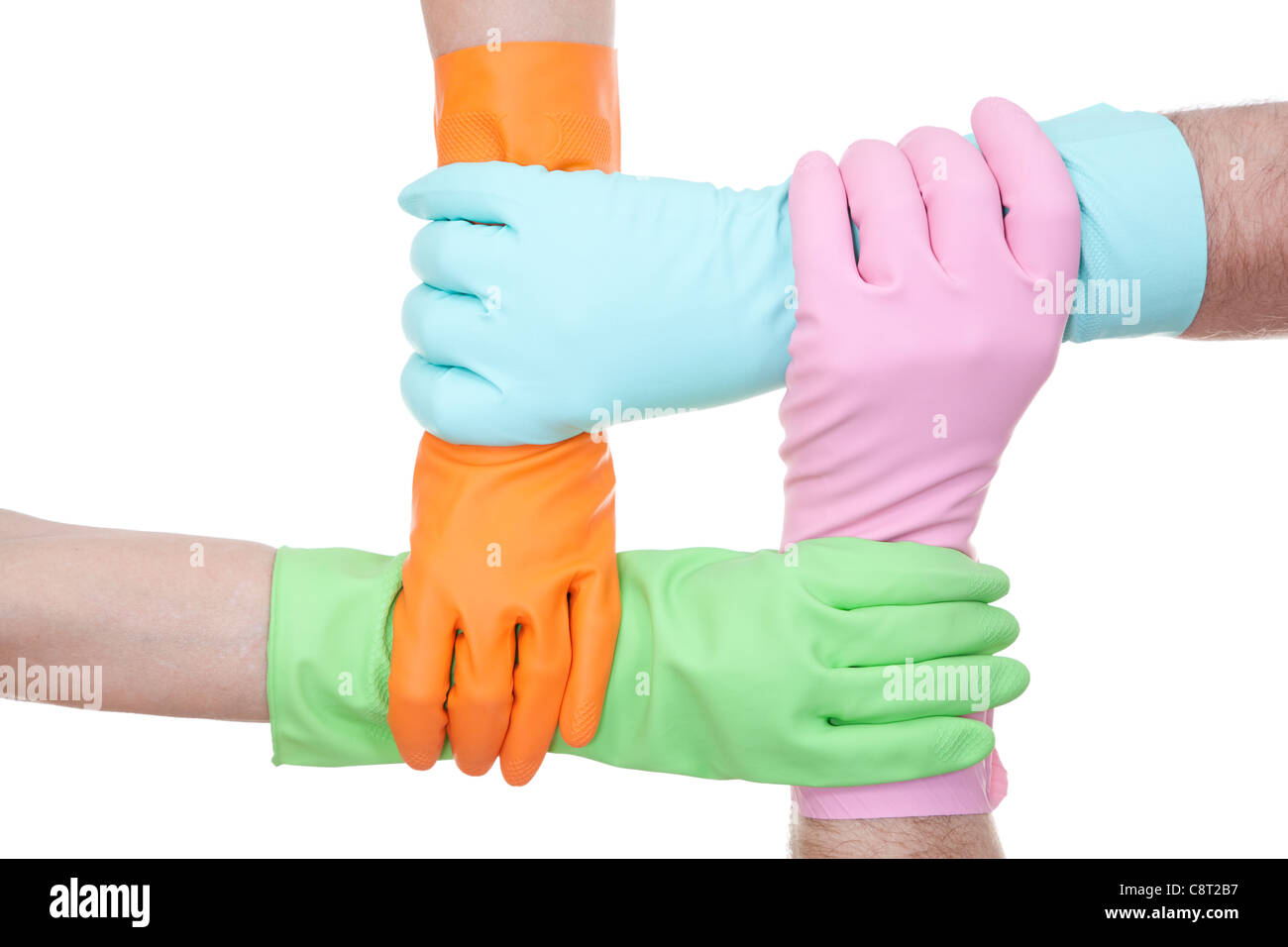 four colours of rubber gloves on white background Stock Photo