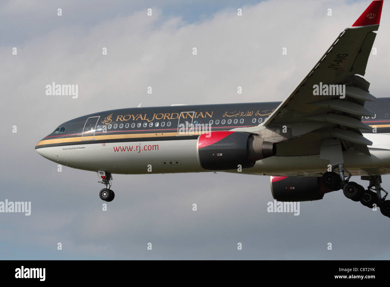 Royal Jordanian Airlines Airbus A330-200 widebody airliner flying on approach. Close up view of front section including wings and engines. Stock Photo