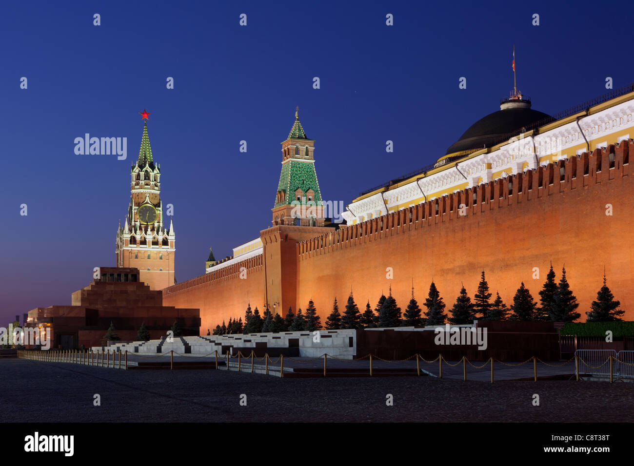 General view of the Red Square (Savior's Tower, Senate and Lenin's Mausoleum) at dawn in Moscow, Russia Stock Photo