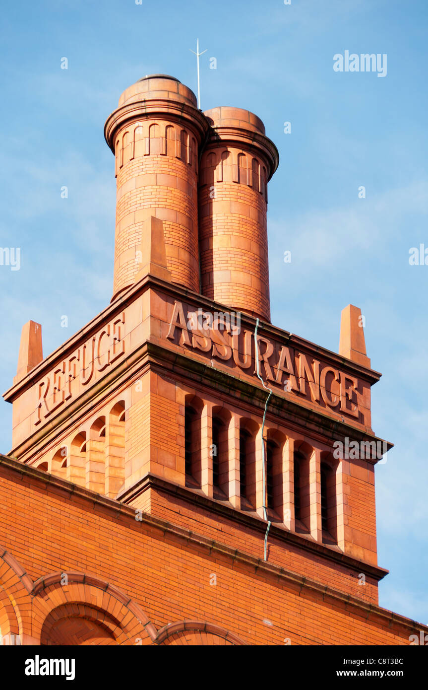 Chimneys on the Refuge Assurance building. Paul Waterhouse,1910-12. Oxford Road, Manchester, England, UK.  Now the Palace Hotel. Stock Photo