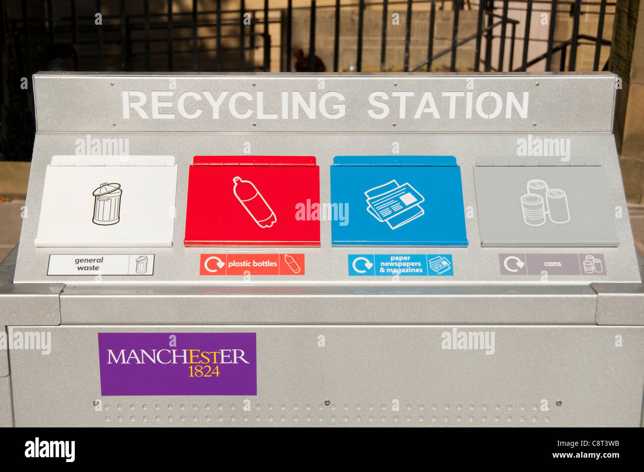 Recycling station waste bins, University of Manchester, England, UK