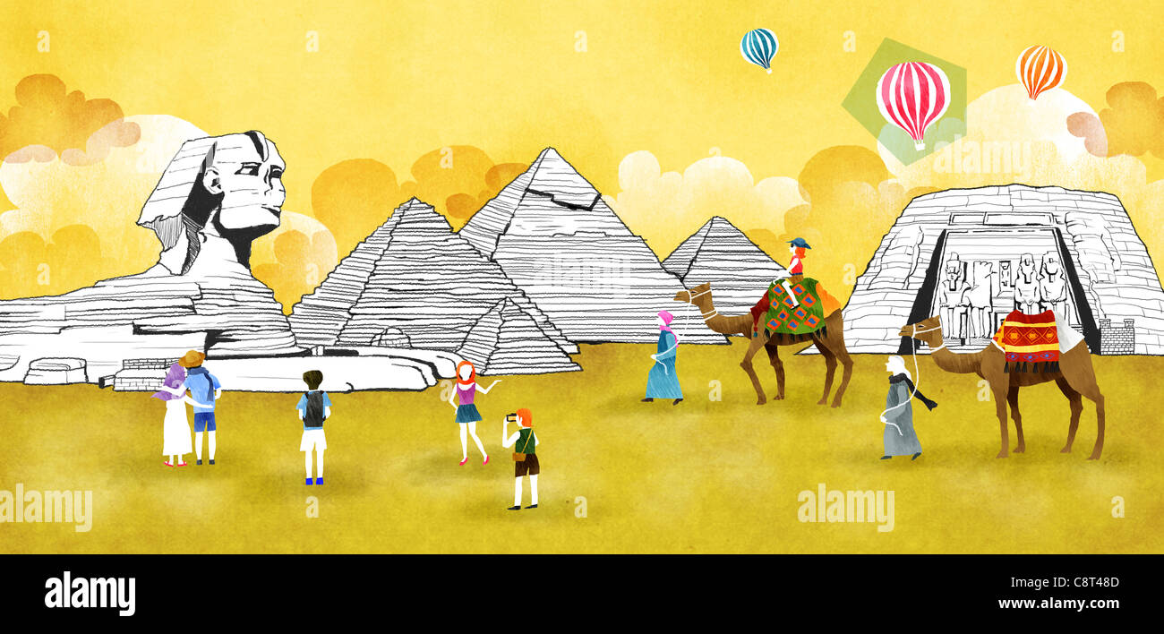Egypt Giza Sphinx And The Pyramid Of Khafre With Camel And Hot Air 